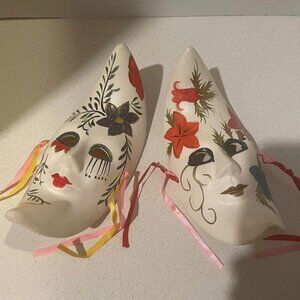 Vintage Y2K Pair of Mardi Gras Hand Decorated Ceramic Wall Decor Carnival Masks